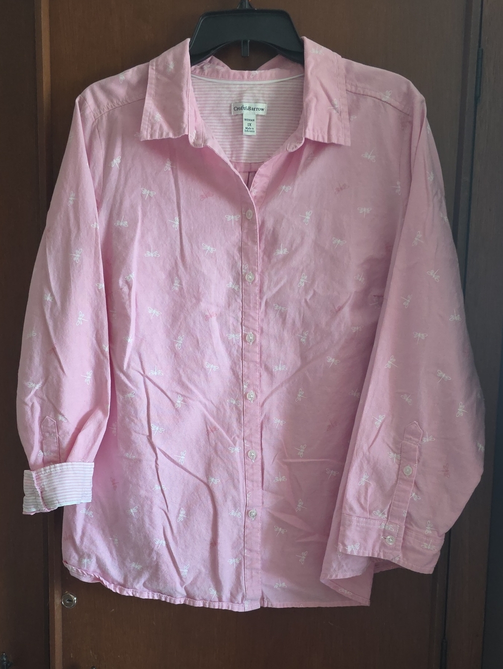 Croft & Barrow Light Pink Dragonfly Button-Down Shirt 100% Cotton Sz 1x